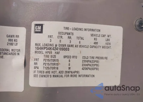 2002 Buick Lesabre Custom z USA, uszkodzony, nr VIN 1G4HP54K424109303